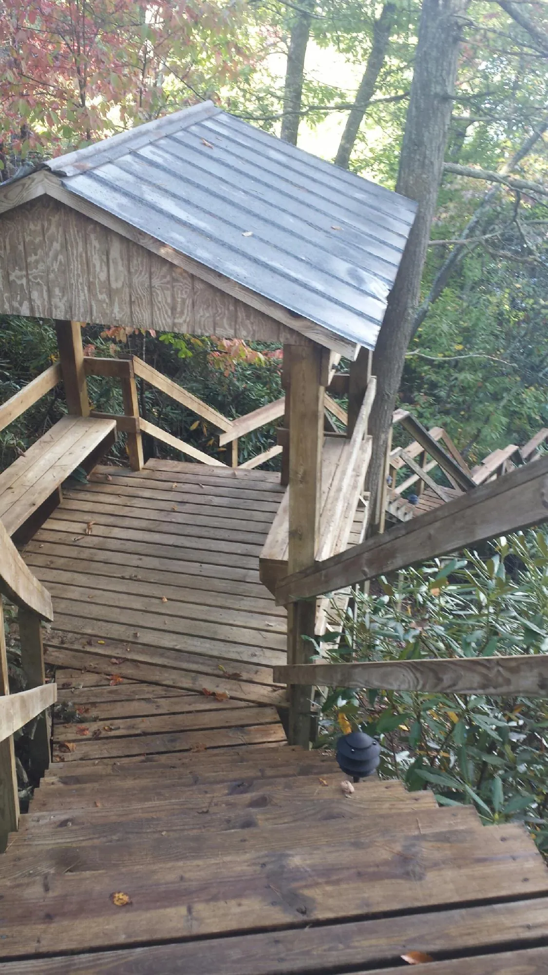 Metal roofed shelter over wooden steps on a wooded walkway — Skylight Repair & Installation work by our crew in Elbow Lake